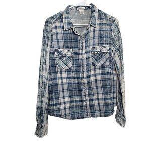 Dizzy Lizzy Blouse Women's Large Blue Plaid Button Up Washed Pocket Top
